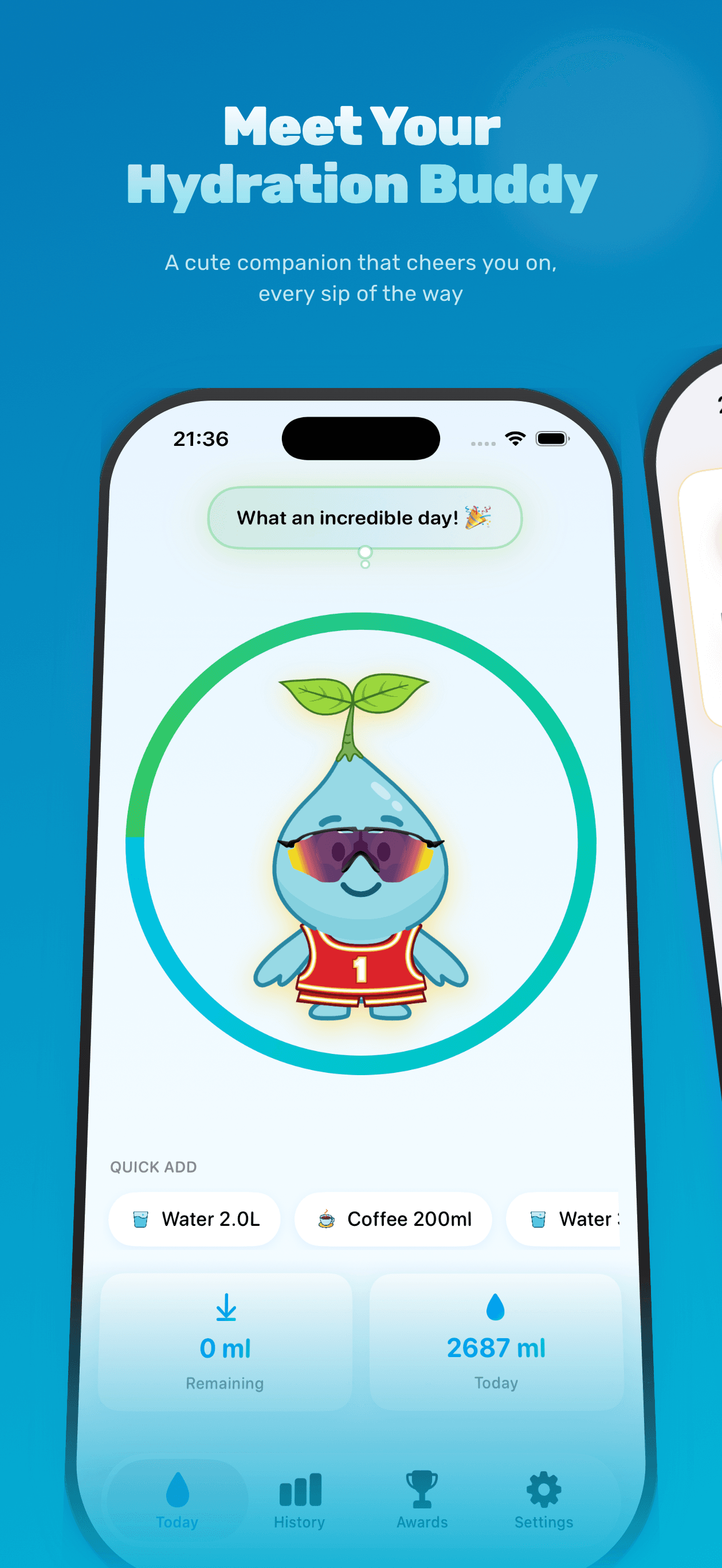 Meet Your Hydration Buddy — Home screen with mascot, progress ring, and quick-add buttons