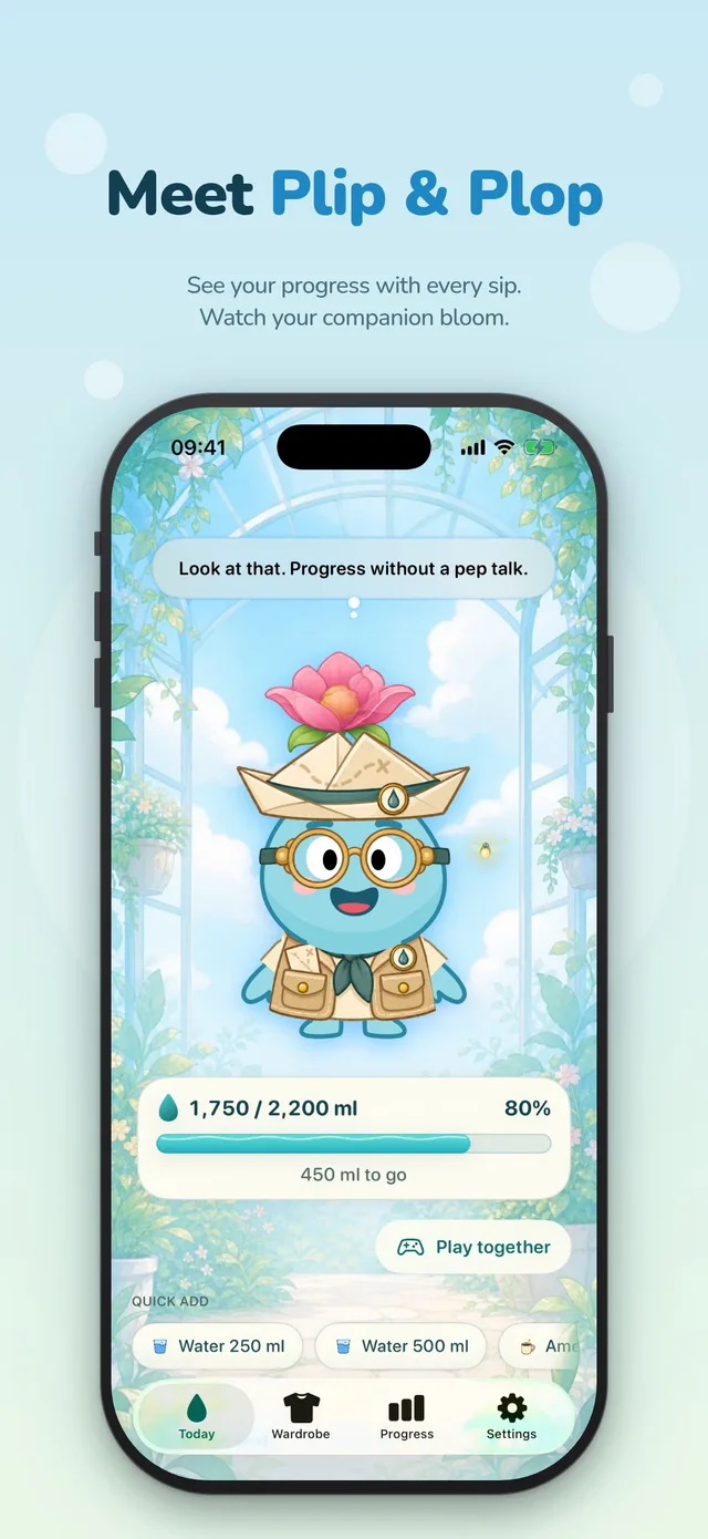 Meet Plip and Plop: Home screen with your companion, a water progress bar at 80% and quick-add buttons