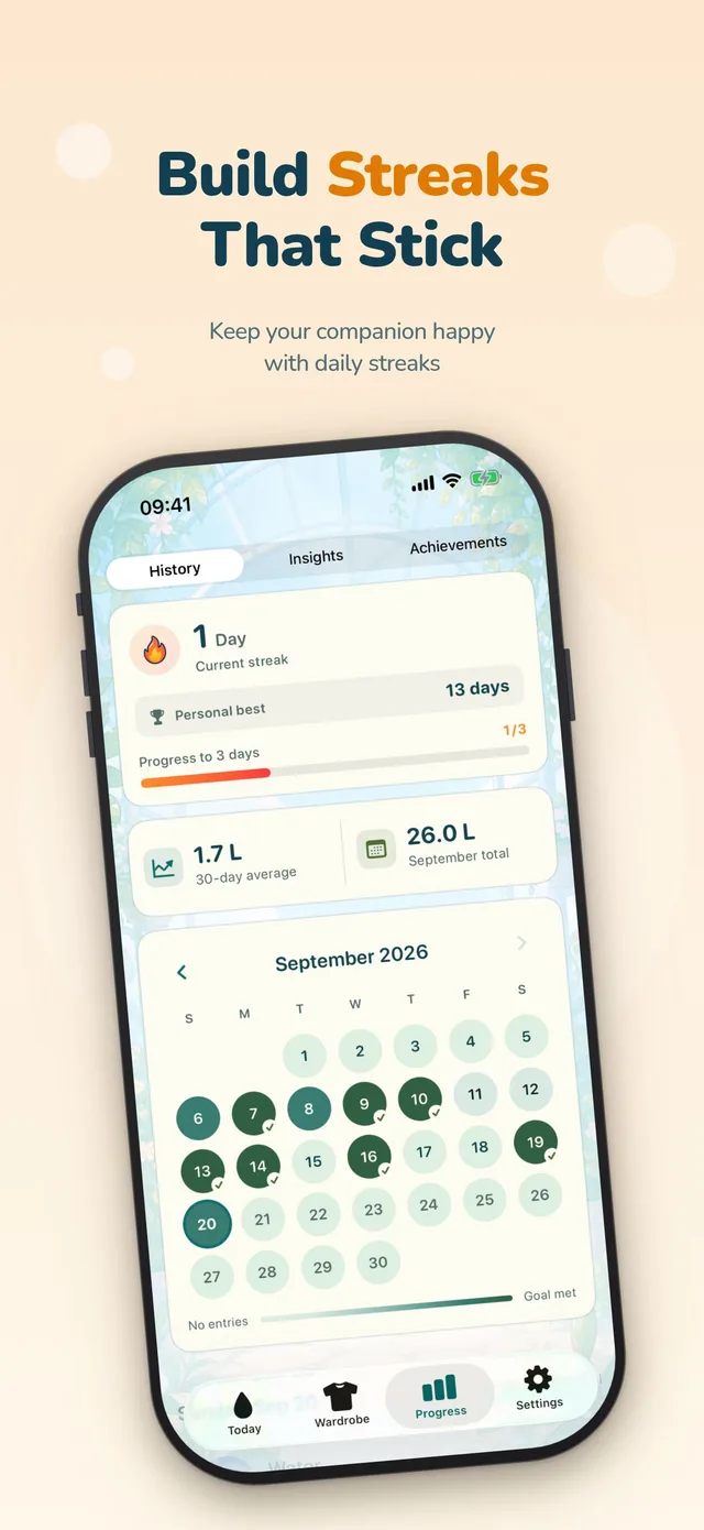 Build Streaks That Stick: current streak, personal best and a monthly hydration calendar
