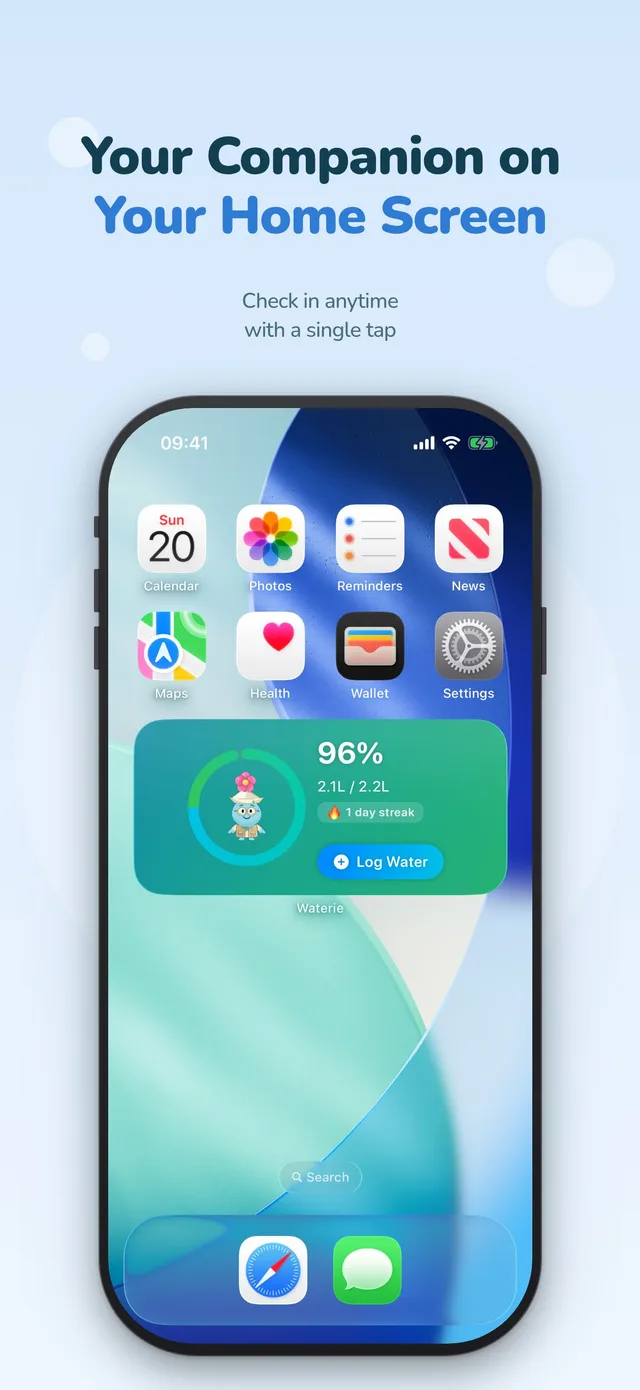 Your Companion on Your Home Screen: iPhone widget with progress, streak and a Log Water button