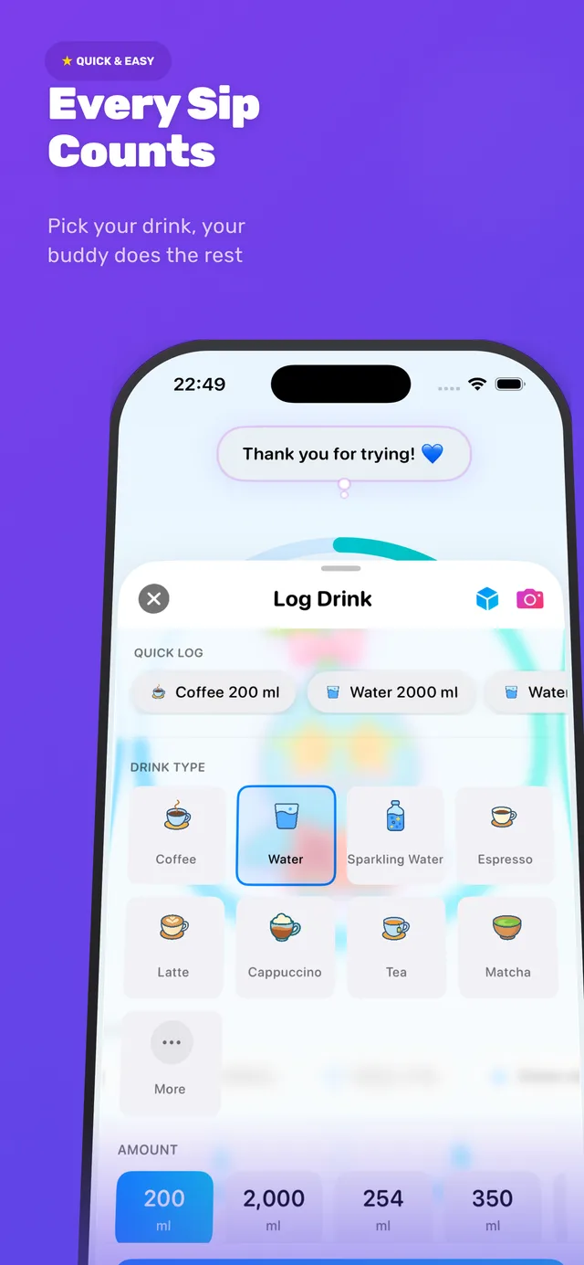 Every Sip Counts — Drink logging with drink type selection
